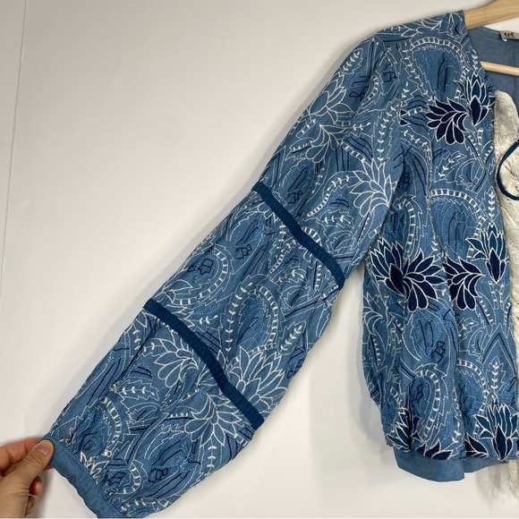 Zara Blue Embroidered Open Front Fringe Jacket Size S Whimsical Artsy Festival - Picture 6 of 16